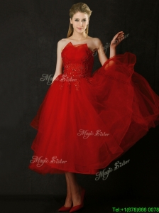 Elegant Tea Length Applique Red Prom Dress with Asymmetrical Neckline
