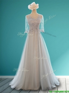 Luxurious Scoop Half Sleeves Grey Prom Dress with Appliques and Belt