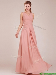 Modest Ruched Decorated Bodice Peach Prom Dress with V Neck