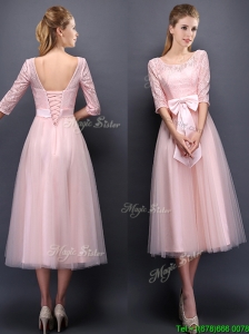 Most Popular Scoop Half Sleeves Baby Pink Prom Dress with Bowknot