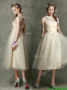 Discount  High Neck Champagne Prom Dresses  with Lace and Hand Made Flowers
