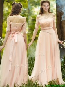 Fashionable Off the Shoulder Half Sleeves Prom Dresses  with Ribbons