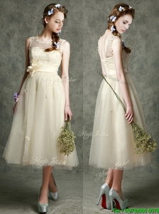 See Through Scoop Champagne Prom Dresses  with Hand Made Flowers and Appliques