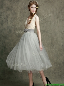 Wonderful Hand Made Flowers and Belted Prom Dresses  with Tea Length