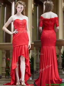 Cheap Column High Low Red Bridesmaid Dresses with Brush Train