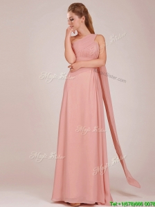Elegant Empire One Shoulder Ruched Peach Long Prom Dresses