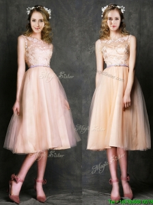Elegant Laced and Sashed Scoop Bridesmaid Dresses in Peach