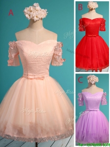 Elegant Off the Shoulder Short Sleeves Bridesmaid Dresses with Appliques and Belt