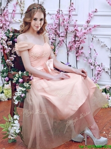 Gorgeous Off the Shoulder Cap Sleeves Prom Dresses  with Bowknot