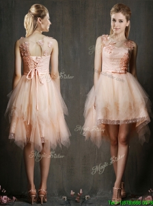 Gorgeous Scoop High Low Bridesmaid Dresses with Appliques and Belt