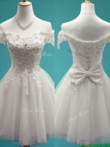 Gorgeous White Off the Shoulder Cap Sleeves Prom Dresses  with Beading and Bowknot