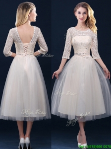 Hot Sale Laced and Applique Champagne Prom Dresses  in Tea Length