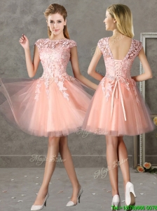 New Style Bateau Peach Short Bridesmaid Dresses with Lace