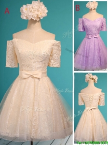 New Style Off the Shoulder Short Sleeves Prom Dresses with Bowknot