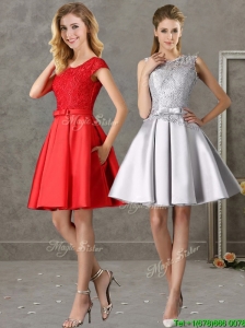 Popular Scoop Cap Sleeves  Prom Dresses with Bowknot and Lace