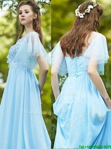 See Through Bateau Short Sleeves Prom Dresses  with Appliques