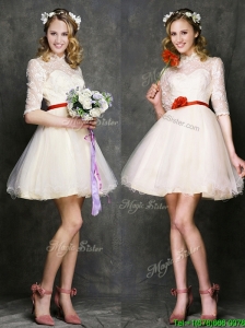 See Through High Neck Half Sleeves Short Bridesmaid Dresses with Belt