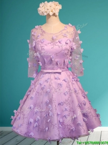 See Through Scoop Half Sleeves Bridesmaid Dresses with Appliques and Belt