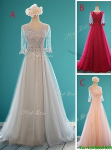 See Through Scoop Half Sleeves Prom Dresses with Appliques and Belt