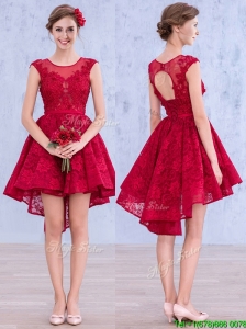 See Through Scoop High Low Wine Red Prom Dresses with Lace