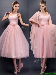 Classical Straps Baby Pink Prom Dresses  with Appliques and Hand Made Flowers