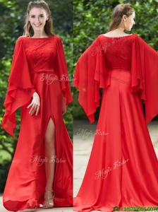Elegant Bateau Long Sleeves Red Bridesmaid Dresses with Beading and High Slit