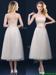 Elegant Low Price Strapless Belt Champagne Long Bridesmaid Dresses in Tulle