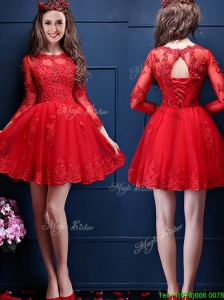 2016 Classical Scoop Three Fourth Length Sleeves Short  Mother of the Bride Dresses  with Beading and Lace