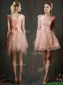 2016 Modest V Neck Cap Sleeves Short Mother of the Bride Dresses  with Belt and Appliques