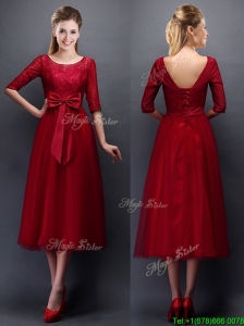 Gorgeous Scoop Half Sleeves Bowknot Mother of the Bride Dresses in Wine Red