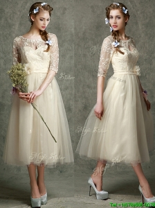 See Through Scoop Half Sleeves Mother of the Bride Dresses  with Hand Made Flowers and Lace