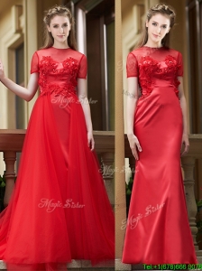 Beautiful See Through Short Sleeves  Mother of the Bride Dresses  with Removable Train