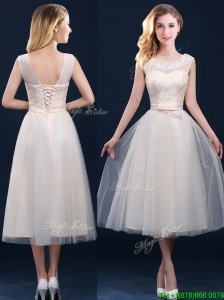 Best Selling See Through Champagne Prom Dresses  with Appliques and Belt