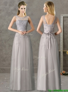 Cheap See Through Scoop Grey Long Mother of the Bride Dresses with Appliques