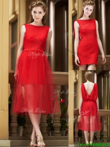 Exclusive Bateau Lace Tea Length Mother of the Bride Dresses  in Red