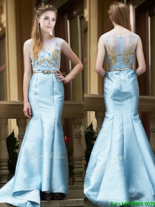 Modest Mermaid Applique Brush Train Mother of the Bride Dresses in Light Blue