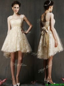 See Through Scoop Champagne Mother of the Bride Dresses with Hand Made Flowers and Bowknot