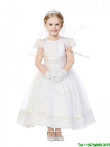 Modest Scoop Cap Sleeves Organza Flower Girl Dress with Appliques