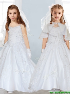 Popular Spaghetti Straps Satin Flower Girl Dress with Lace and Beading