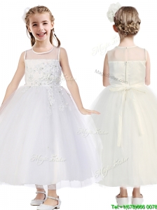 See Through Scoop Tulle Flower Girl Dress with Appliques and Beading
