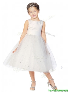Simple Scoop Tulle Sequins Flower Girl Dress in White