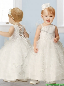 Sweet Asymmetrical Neckline Flower Girl Dress with Appliques and Ruffled Layers