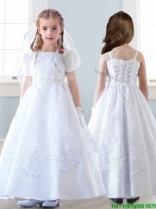 Top Selling Spaghetti Straps White Flower Girl Dress with Appliques