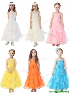 Cheap Spaghetti Straps Flower Girl Dress with Hand Made Flowers and Ruffles