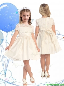Classical Scoop Short Sleeves Champagne Flower Girl Dress with Lace and Belt