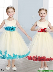 Discount Scoop Hand Made Flowers and Appliques Flower Girl Dress in Champagne