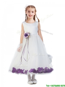 Elegant Hand Made Flowers and Applique Scoop Flower Girl Dress in White