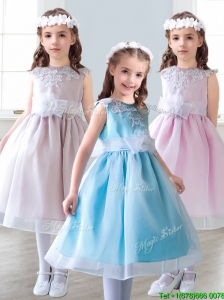 Elegant Scoop Tea Length Little Girl Pageant Dress with Appliques and Hand Made Flowers