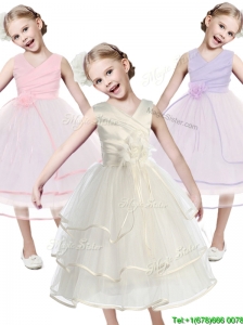 Fashionable V Neck Flower Girl Dress with Hand Made Flowers and Ruffled Layers