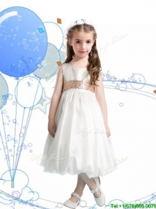 Gorgeous Scoop Sequins Flower Girl Dress in White for Spring